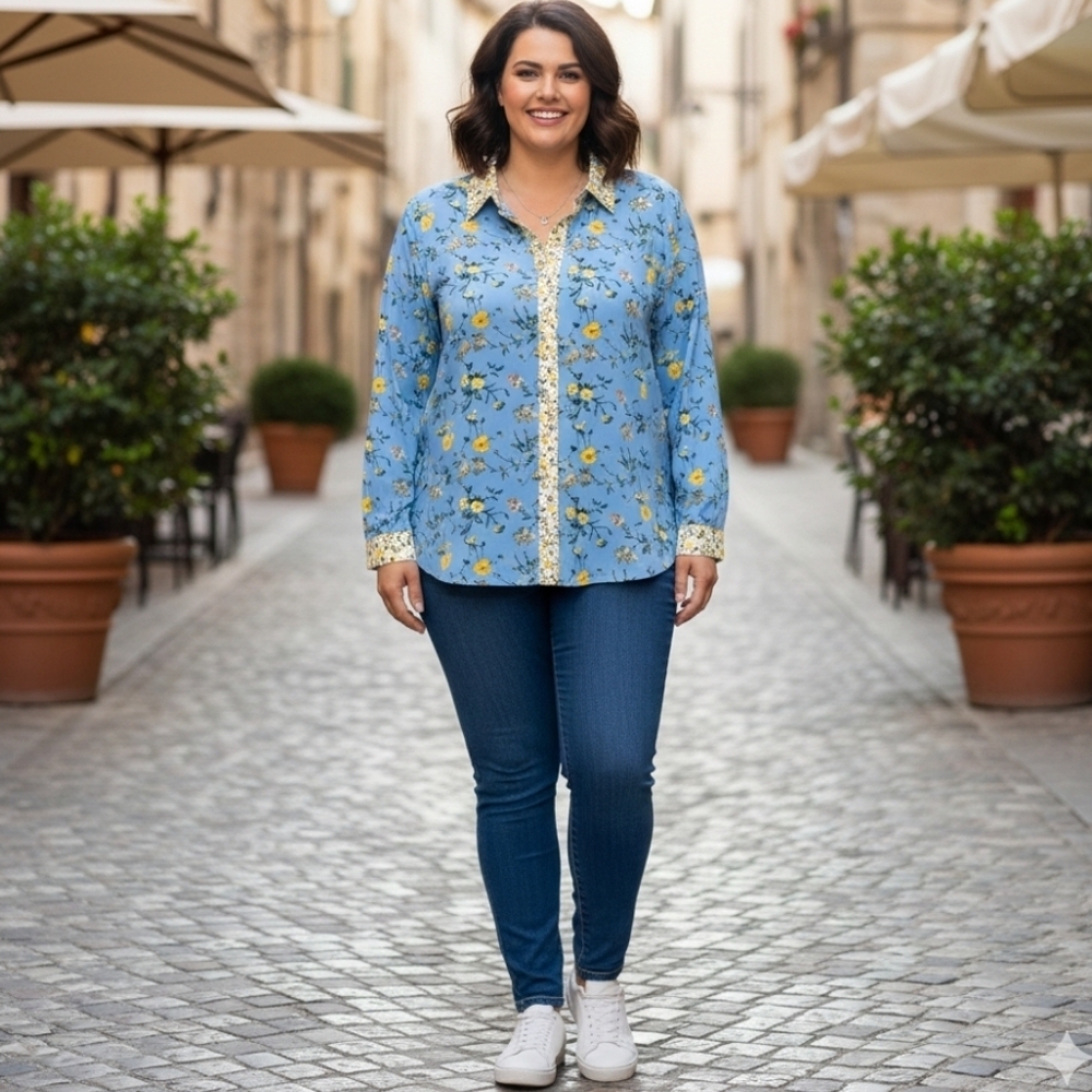 {C Wonder} Floral Print Blue Blouse with Yellow Accents - Size 18W